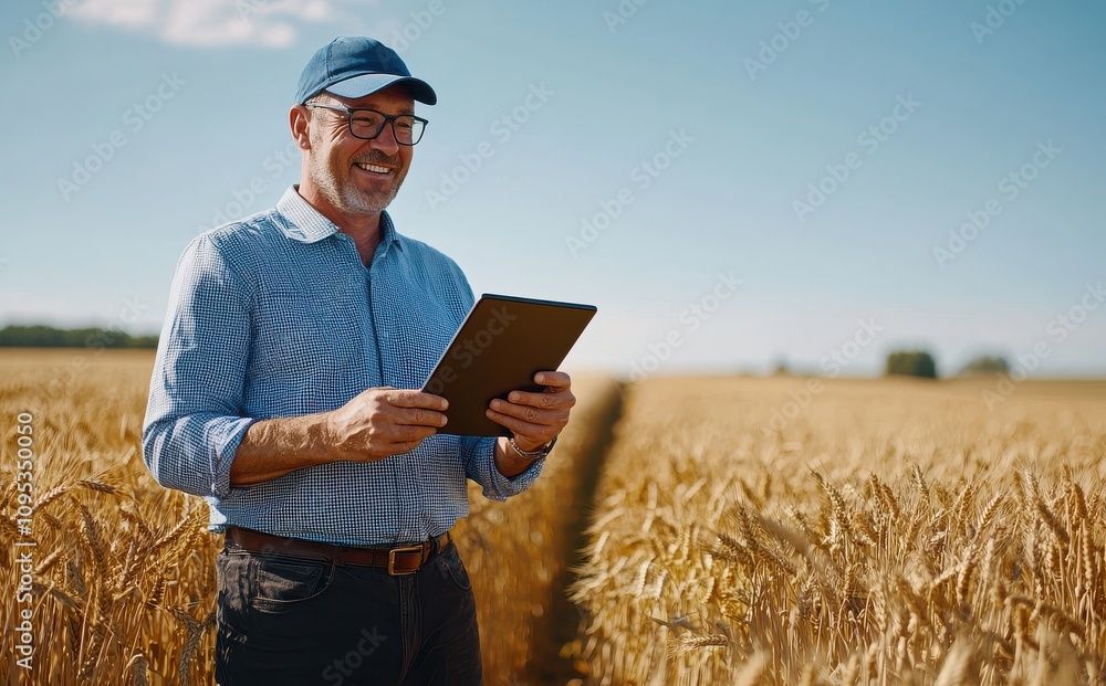 Farmer analyzing crop data on a tablet in a golden wheat field under a clear blue sky Farmer analyzing crop data on a tablet in a golden wheat field under a clear blue sky