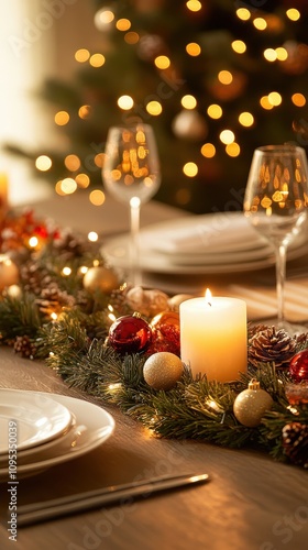 A beautifully arranged holiday table featuring candles, ornaments, and elegant glassware, set against a backdrop of twinkling lights.