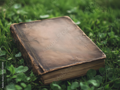 ancient book with worn pages resting on lush green grass photo