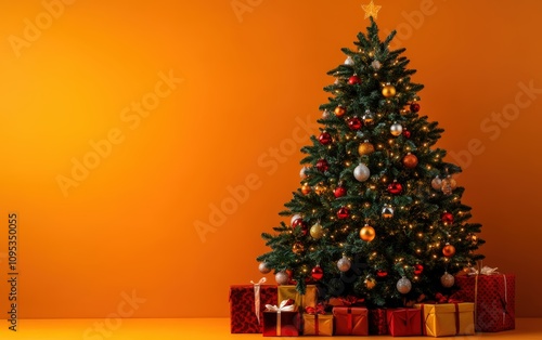 beautiful cozy christmas tree with gifts and decorated garland with lights and ornaments on orange christmas background 