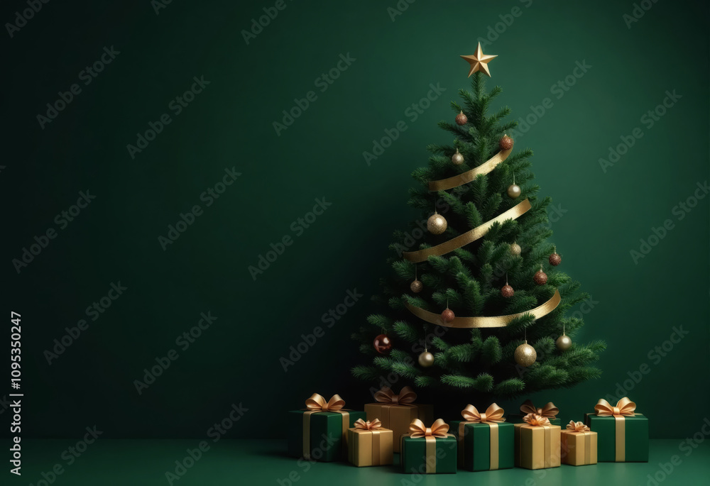Christmas tree with presents and gold ornaments on green wall background Christmas tree with presents and gold ornaments on green wall background