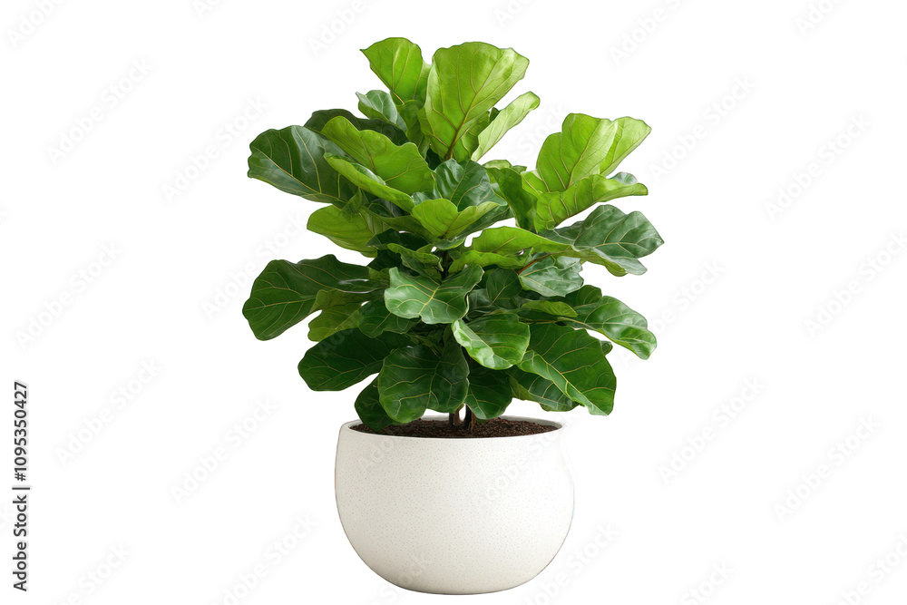 Lush fiddle leaf fig plant in a simple white pot against a black background. Lush fiddle leaf fig plant in a simple white pot against a black background.