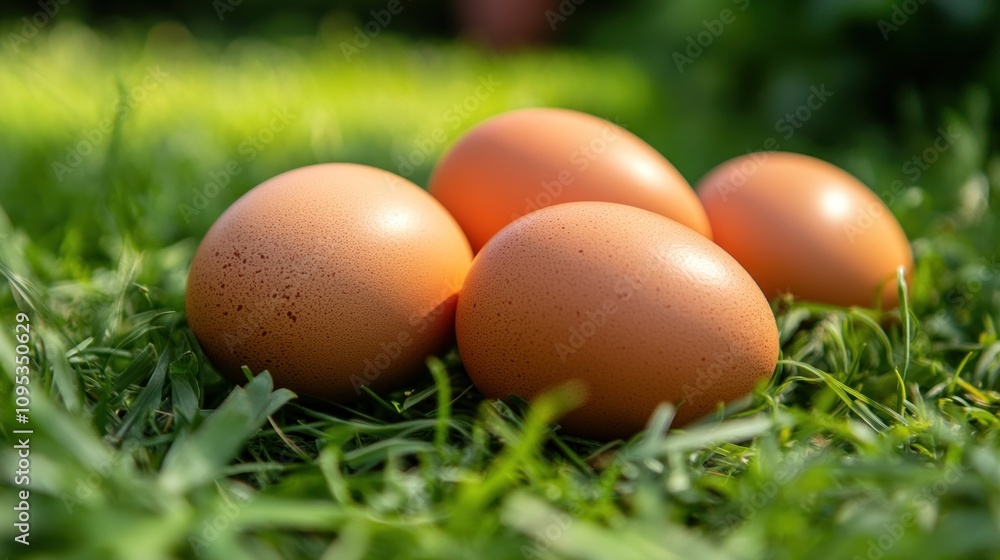 Four Brown Eggs Resting Gently In Green Grass Four Brown Eggs Resting Gently In Green Grass