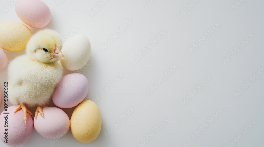 A fluffy chick sits amidst pastel colored eggs A fluffy chick sits amidst pastel colored eggs