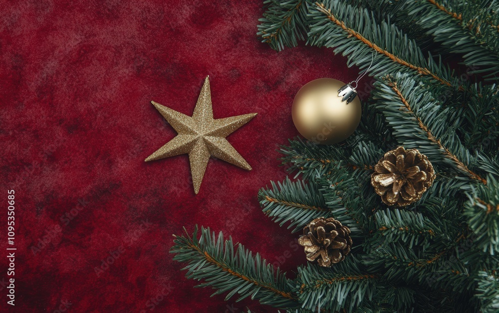 beautiful ornament on christmas tree on red christmas background beautiful ornament on christmas tree on red christmas background