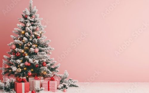 Wallpaper Mural beautiful cozy christmas tree with gifts and decorated garland with lights and ornaments on pink christmas background  Torontodigital.ca
