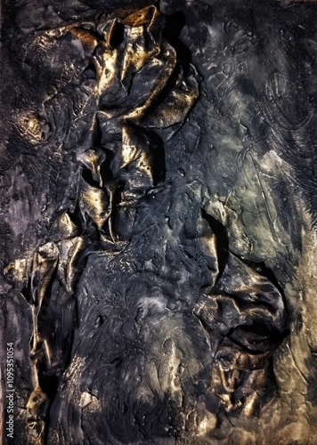 Contemporary high texture abstract painting in natural gold dark brown background composition