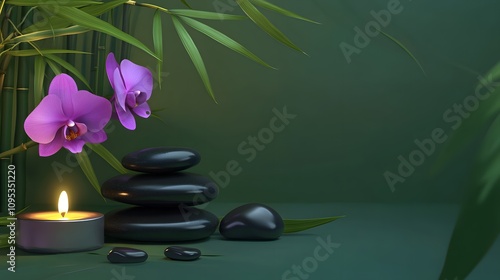 A serene spa background with bamboo, orchid flowers, and black rocks for relaxation photo