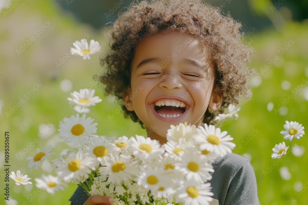Joyful child embraces the beauty of wild daisies in a sunny meadow surrounded by nature\'s vibrant green Joyful child embraces the beauty of wild daisies in a sunny meadow surrounded by nature\'s vibrant green