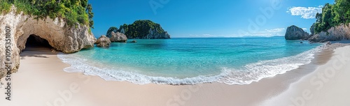 Beautiful panoramic view of the sandy beach at Cathedral Cove with turquoise waters.