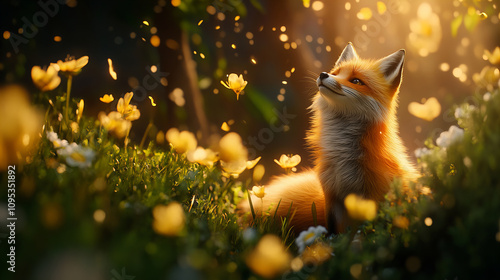 Banner of fox amidst blooming flowers, golden sunlight, enchanting nature view, playful curiosity, delicate details of scene, beauty captured perfectly.