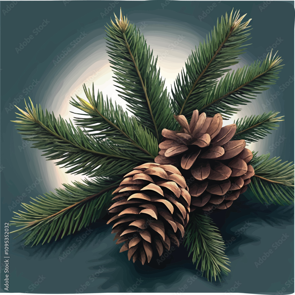 Serene fir tree branches with pinecones in a winter-inspired scene Serene fir tree branches with pinecones in a winter-inspired scene