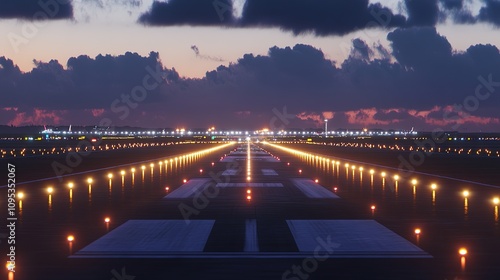 An airport runway with a variety of lights, including edge, threshold, and centerline lights, creating a safe environment for aircraft.