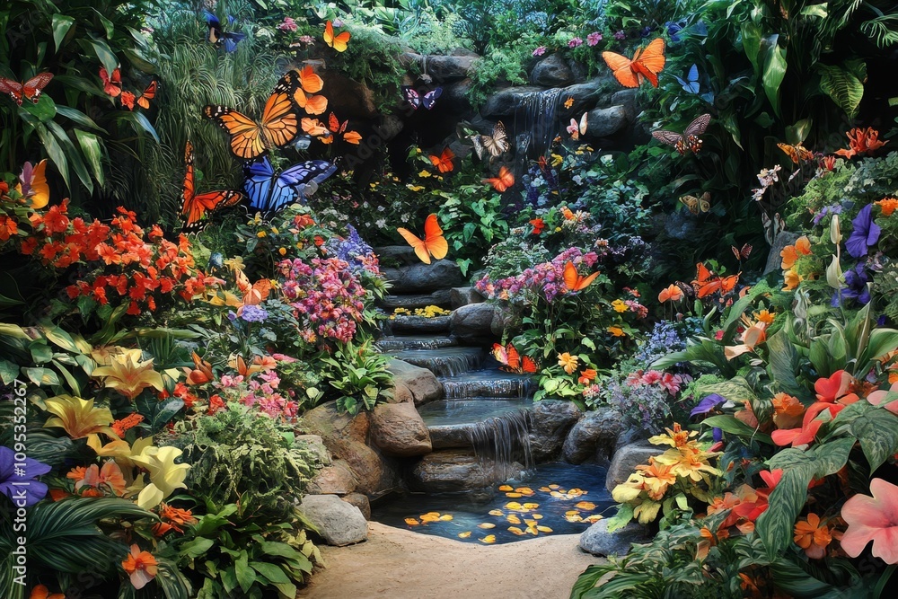 Obraz premium Lush garden with waterfall, vibrant flowers, butterflies.