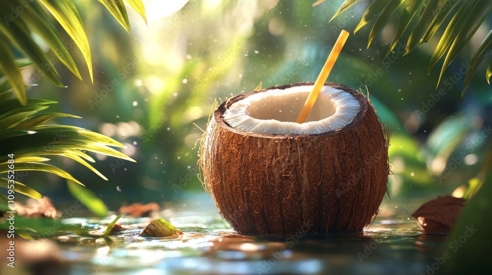Coconut Drink In Tropical Paradise Setting Coconut Drink In Tropical Paradise Setting