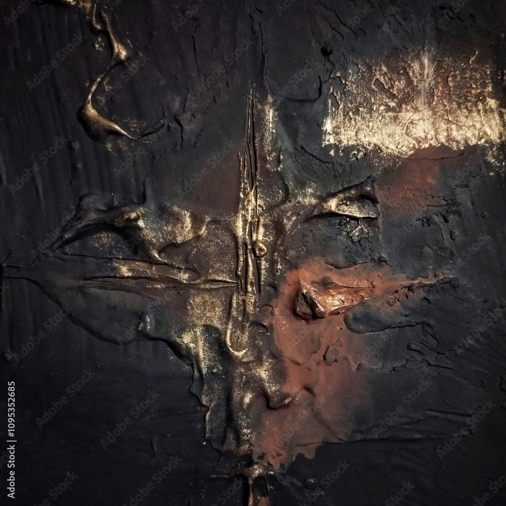 Naklejka premium Contemporary high texture abstract painting in natural gold dark brown background composition