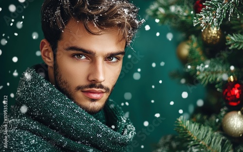 beautiful man on green christmas background 