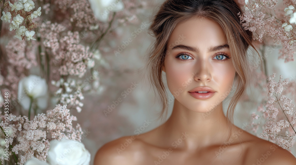 Beautiful model woman with curly hairstyle , background wall of flowers . Skin Care, beauty and spa Beautiful model woman with curly hairstyle , background wall of flowers . Skin Care, beauty and spa