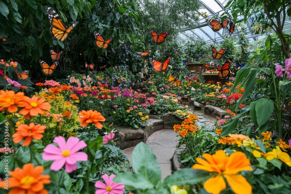 Obraz premium Butterflies flutter amidst vibrant flowers in a greenhouse.