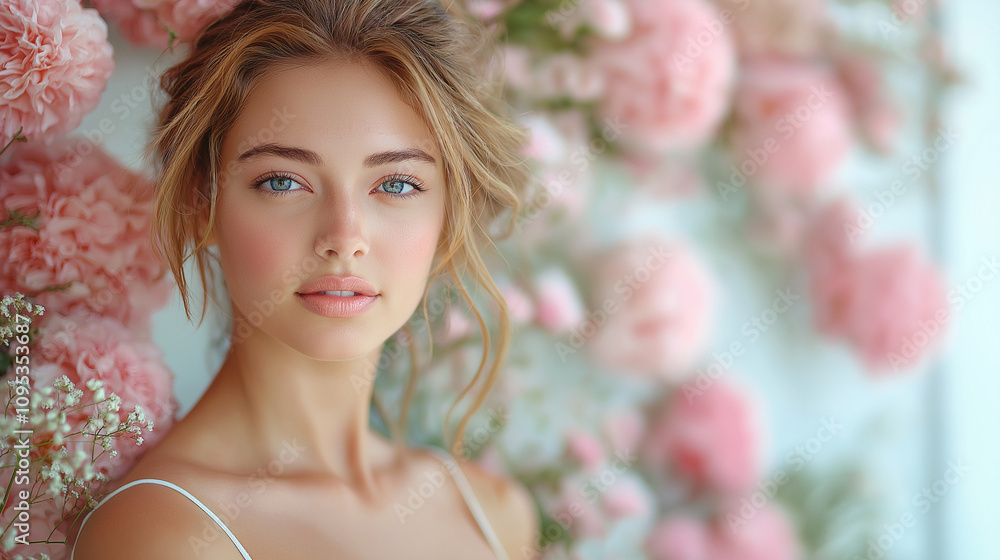 Beautiful model woman with curly hairstyle , background wall of flowers . Skin Care, beauty and spa Beautiful model woman with curly hairstyle , background wall of flowers . Skin Care, beauty and spa