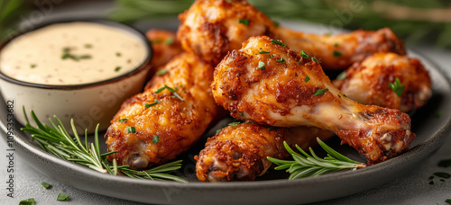 Crispy baked chicken drumsticks with herbs and creamy dipping sauce