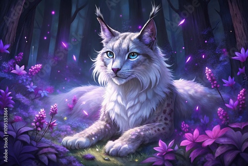 lynx in the cherry purple flowers, generative ai, ai generated