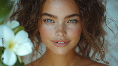 closeup portrait of young happy woman looking in camera