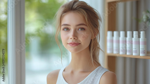 Beautiful young woman with bottles of cosmetic Free Download Beautiful young woman with bottles of cosmetic - GFXLoad