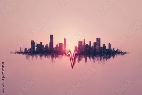 Vibrant city skyline reflecting on water during sunset creating a stunning visual impact