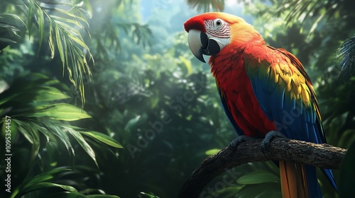 Wallpaper Mural Scarlet macaw perched on branch in lush rainforest. Torontodigital.ca