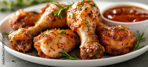 Savory grilled chicken drumsticks with herbs and bbq sauce on plate