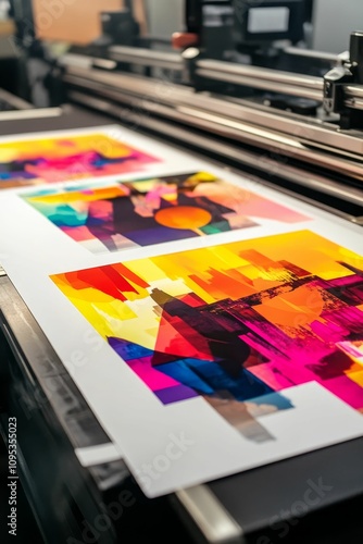 Plakat Vibrant prints emerging from large format printer.