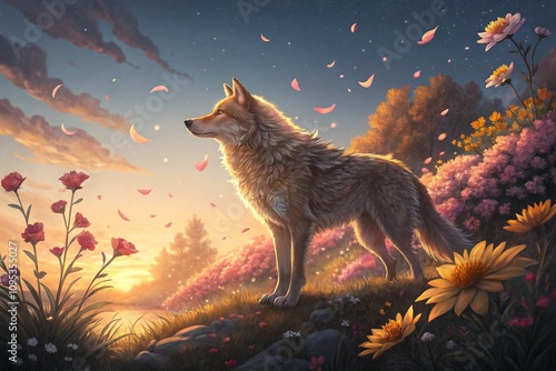 wolf in the beautiful nature at the sunset, generative ai, ai generated
