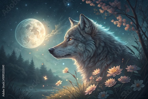 wolf howling at night with flowers, generative ai, ai generated
