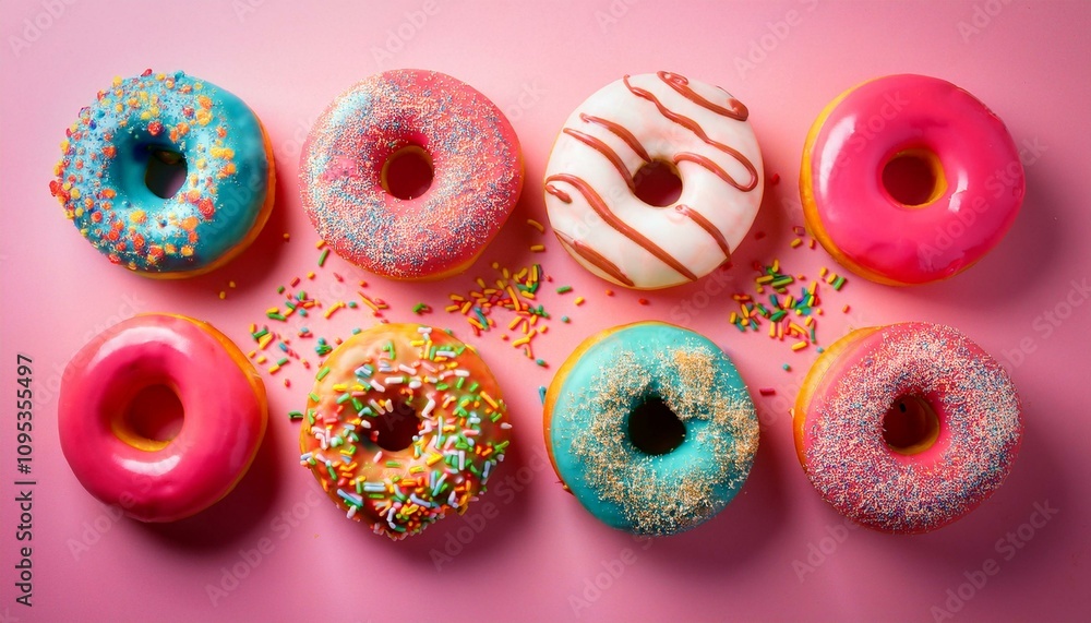 Colorful and sweet donuts on a pink table; delicious and tasty donuts with multiple flavors with sprinkles of chocolate; food photography; top angle view; donut with icing sugar; chocolate donuts Colorful and sweet donuts on a pink table; delicious and tasty donuts with multiple flavors with sprinkles of chocolate; food photography; top angle view; donut with icing sugar; chocolate donuts