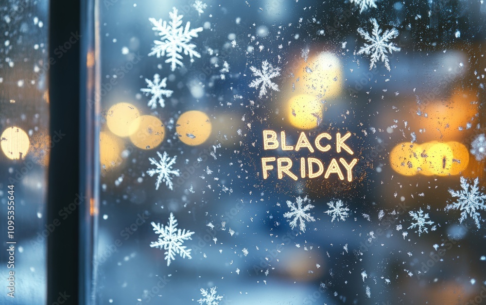 Naklejka premium Frosted Window Scene A frosted window with tiny snowflakes, showing a glowing