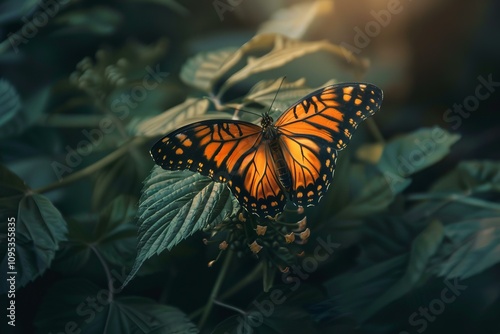 Beautiful orange and black monarch butterfly opening its wings while perched on green leaves, backlit by warm sunlight photo