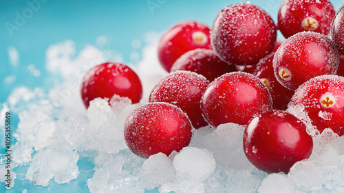 Frozen cranberries on ice crystals against blue background