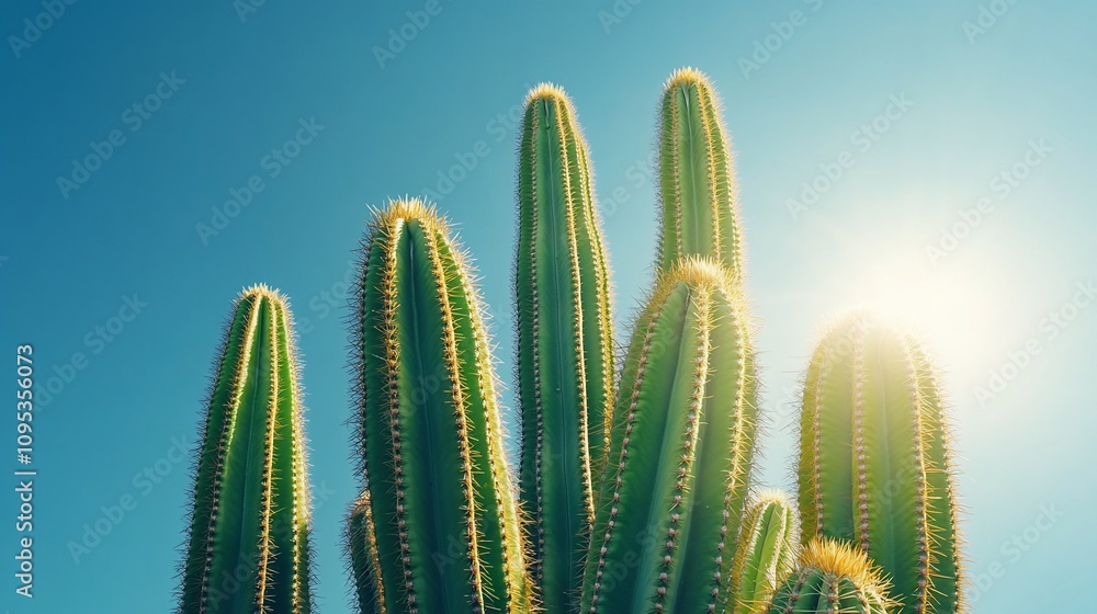 Close-up of vibrant green cacti against a clear blue sky, sunlit. Close-up of vibrant green cacti against a clear blue sky, sunlit.