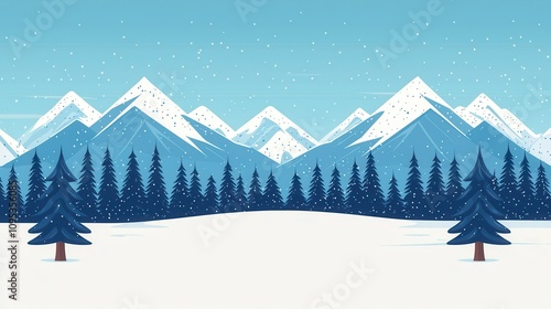 Serene Winter Landscape Featuring Snow-Covered Mountains and Evergreen Trees Under a Clear Blue Sky in a Peaceful Natural Setting