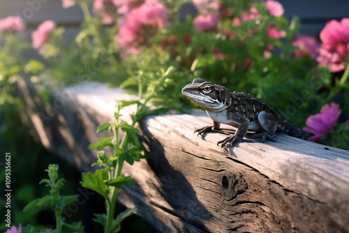 Lizard Resting on Wooden Rail with Blooming Pink Flowers photo