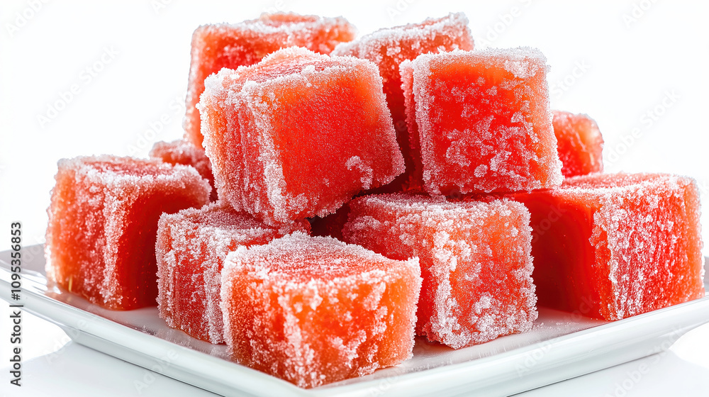 Stack of sugar-coated red jelly cubes on a white plate Stack of sugar-coated red jelly cubes on a white plate