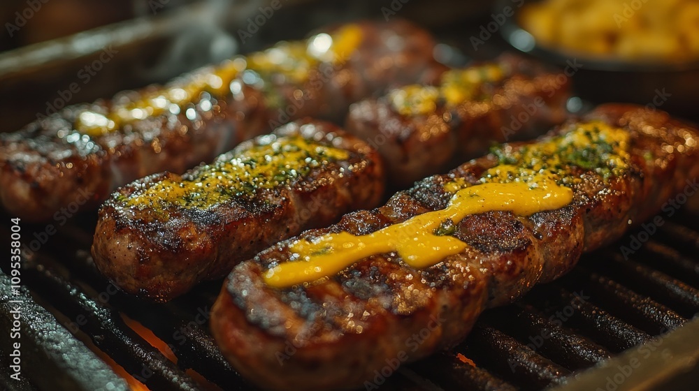 Grilled Meat Skewers Topped With Yellow Sauce Grilled Meat Skewers Topped With Yellow Sauce