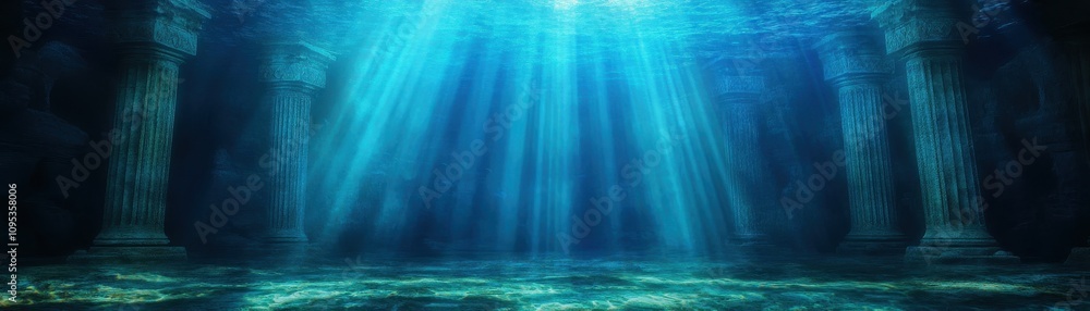 A serene underwater scene illuminated by rays of light filtering through water, featuring ancient columns surrounded by a tranquil blue ambiance. A serene underwater scene illuminated by rays of light filtering through water, featuring ancient columns surrounded by a tranquil blue ambiance.