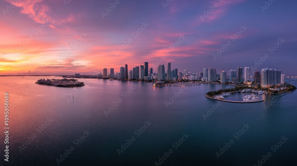 Fototapeta premium Miami Skyline at Sunrise: A Breathtaking Aerial Panorama