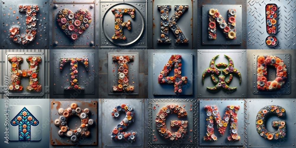 Fototapeta premium Flowers on the vintage metal plate typography. AI generated illustration