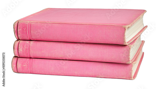 Stack of three pink vintage hardcover books.