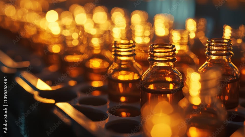 Medical dropper bottles neatly arranged in a tray, close-up capturing fine details of labels and pipettes, with a focus on pharmaceutical organization and professional aesthetics. Medical dropper bottles neatly arranged in a tray, close-up capturing fine details of labels and pipettes, with a focus on pharmaceutical organization and professional aesthetics.