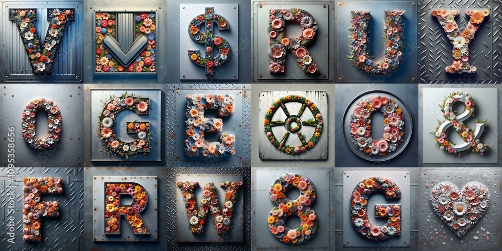 Fototapeta premium Flowers on the vintage metal plate typography. AI generated illustration
