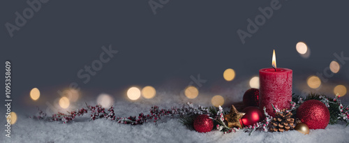 Red Christmas Candle - First Advent Sunday - 1. Advent or Xmas decoration with snow background and magic golden  lights - Panorama, Banner, Header with copy space, Blank greeting card